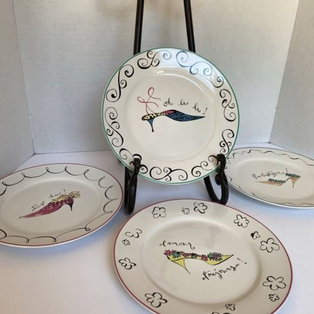 Set of 4 Rosanna High Heel Shoe Dessert Plates — French Phrases, 8.5in